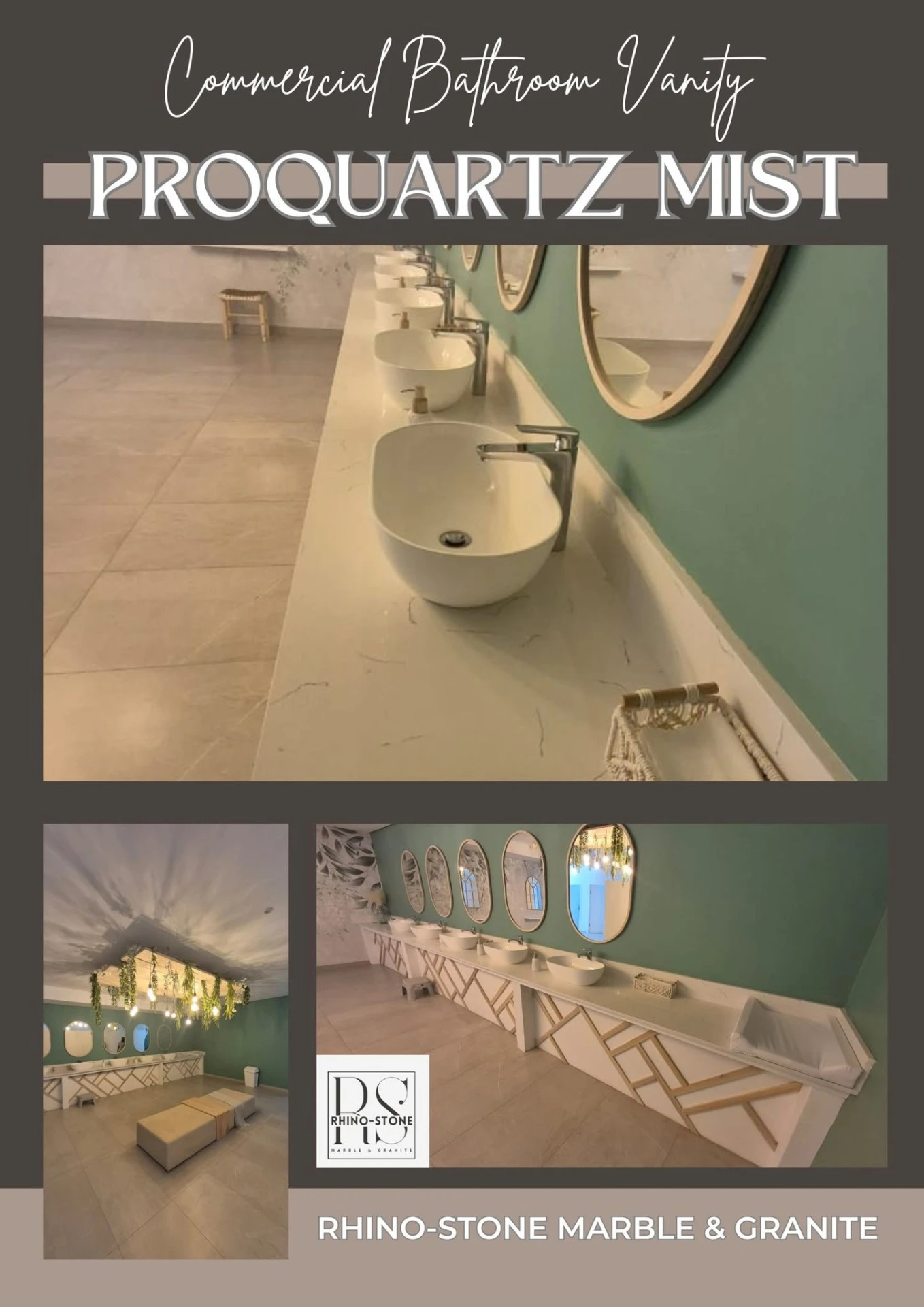 Installed commercial stone vanity top with vessel basins